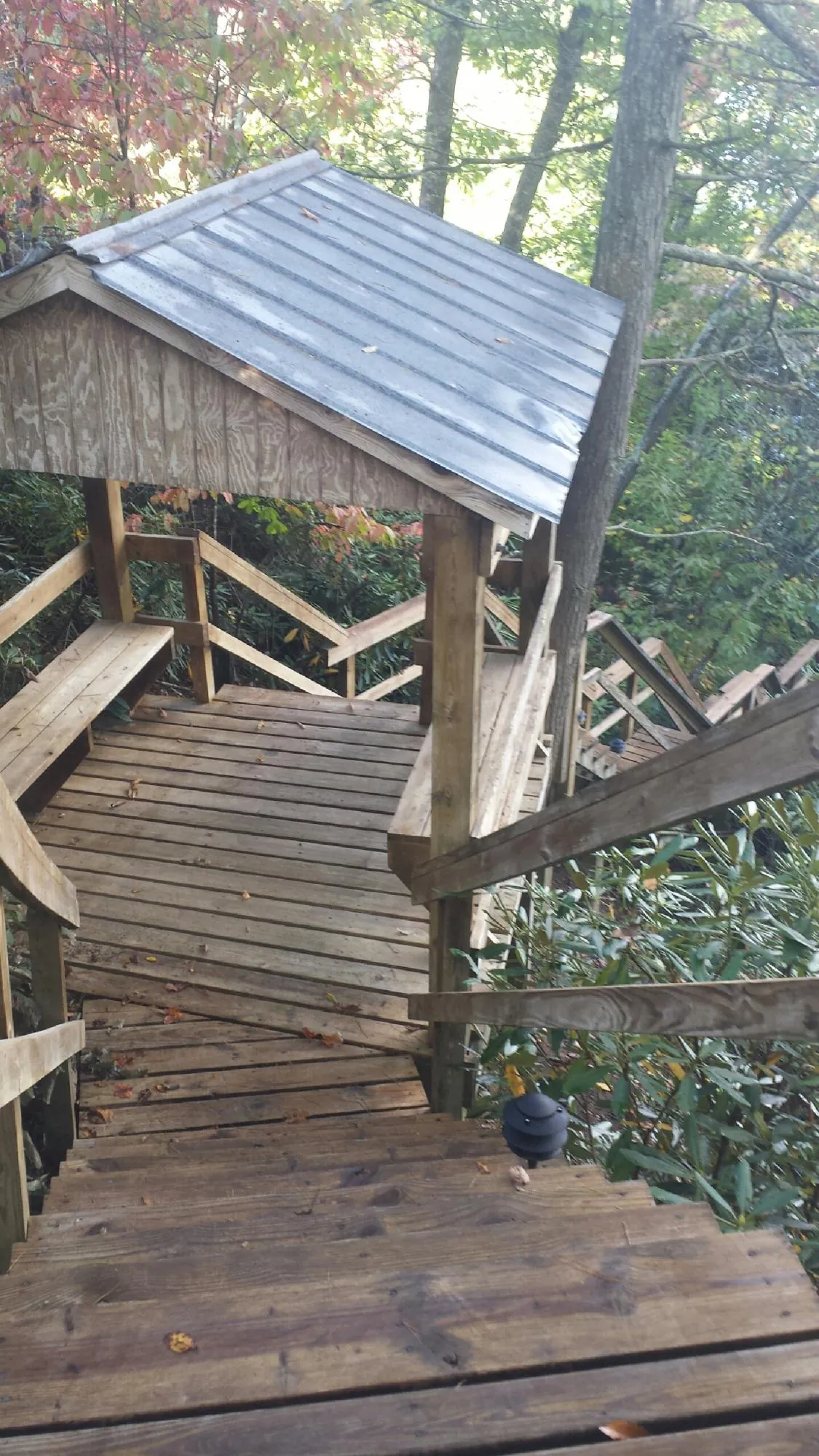 Metal roofed shelter over wooden steps on a wooded walkway — Skylight Repair & Installation work by our crew in Monrovia